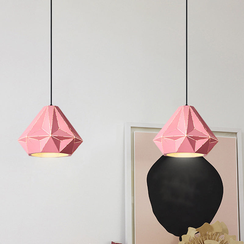 Iron Origami Diamond Pendulum Light Macaron Single-Bulb Suspension Pendant Light in Yellow/Dark Blue/Pink Clearhalo 'Ceiling Lights' 'Pendant Lights' 'Pendants' Lighting' 1911533