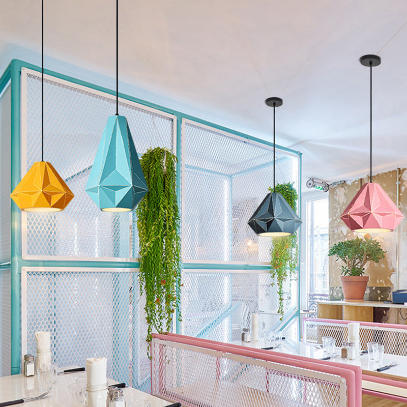 Iron Origami Diamond Pendulum Light Macaron Single-Bulb Suspension Pendant Light in Yellow/Dark Blue/Pink Clearhalo 'Ceiling Lights' 'Pendant Lights' 'Pendants' Lighting' 1911535