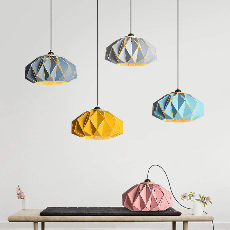 1 Head Restaurant Pendant Lamp Macaron Grey/Pink/Blue Ceiling Hanging Lantern with Laser Cut Iron Shade Pink Clearhalo 'Ceiling Lights' 'Pendant Lights' 'Pendants' Lighting' 1911537_5b359db4-8736-4524-b84a-57558fa31bcc
