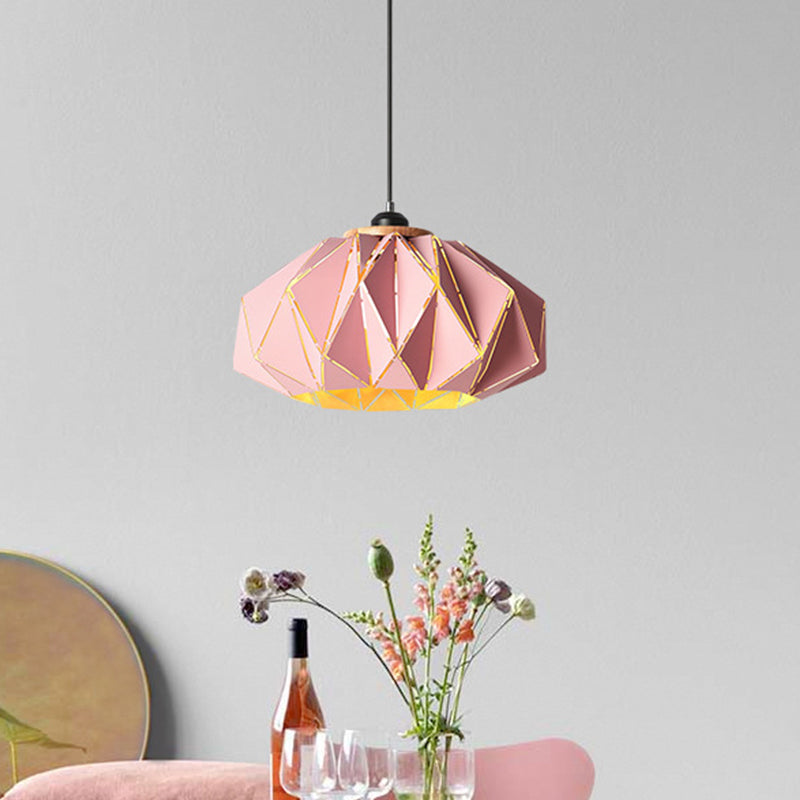 1 Head Restaurant Pendant Lamp Macaron Grey/Pink/Blue Ceiling Hanging Lantern with Laser Cut Iron Shade Clearhalo 'Ceiling Lights' 'Pendant Lights' 'Pendants' Lighting' 1911538