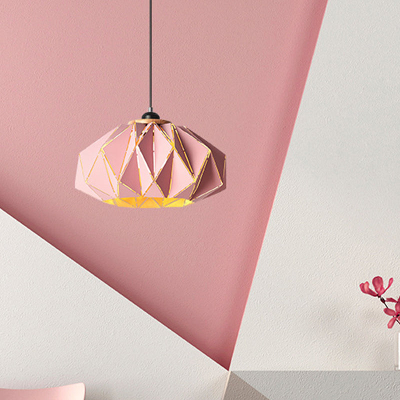 1 Head Restaurant Pendant Lamp Macaron Grey/Pink/Blue Ceiling Hanging Lantern with Laser Cut Iron Shade Clearhalo 'Ceiling Lights' 'Pendant Lights' 'Pendants' Lighting' 1911539