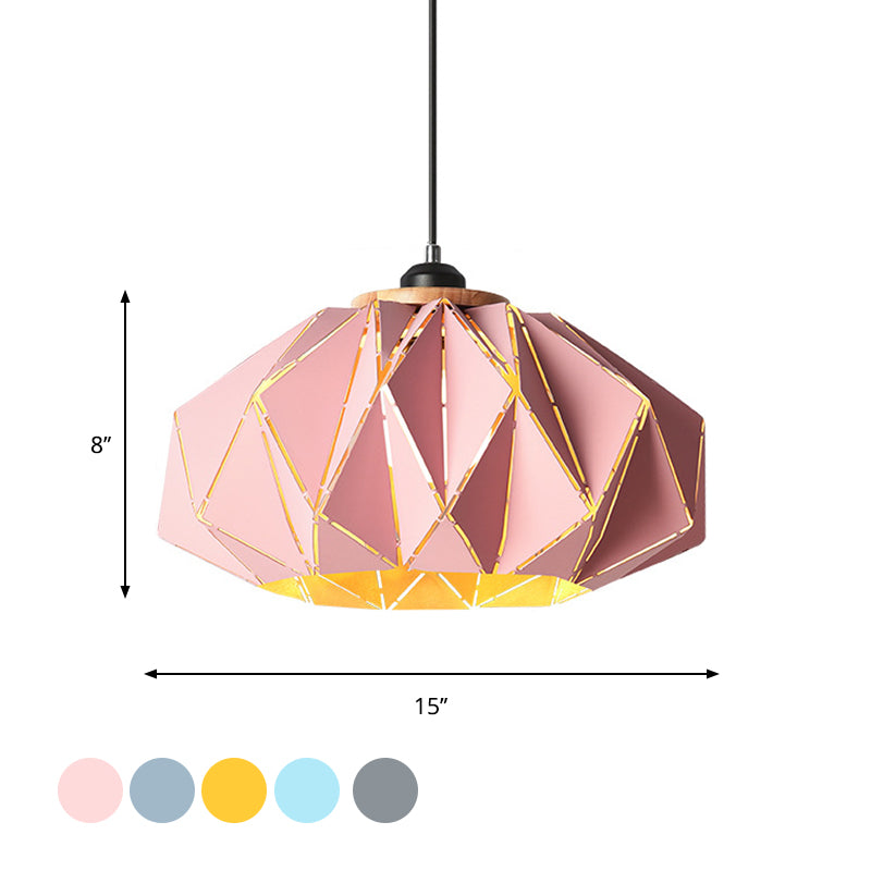 1 Head Restaurant Pendant Lamp Macaron Grey/Pink/Blue Ceiling Hanging Lantern with Laser Cut Iron Shade Clearhalo 'Ceiling Lights' 'Pendant Lights' 'Pendants' Lighting' 1911541