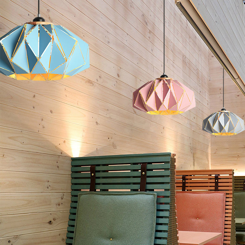 1 Head Restaurant Pendant Lamp Macaron Grey/Pink/Blue Ceiling Hanging Lantern with Laser Cut Iron Shade Blue Clearhalo 'Ceiling Lights' 'Pendant Lights' 'Pendants' Lighting' 1911547_df168acd-a64a-43b7-ab45-12e5a065750d