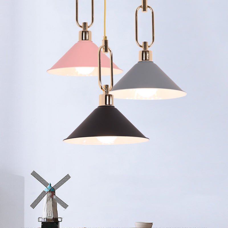 Rolled-Edge Cone Pendant Lamp Macaron Metal 1 Bulb Pink/Grey/White Hanging Ceiling Light with Buckle Top Clearhalo 'Ceiling Lights' 'Pendant Lights' 'Pendants' Lighting' 1911555