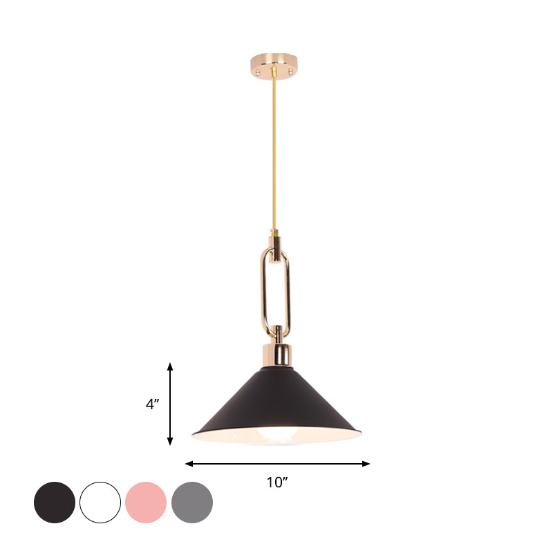 Rolled-Edge Cone Pendant Lamp Macaron Metal 1 Bulb Pink/Grey/White Hanging Ceiling Light with Buckle Top Clearhalo 'Ceiling Lights' 'Pendant Lights' 'Pendants' Lighting' 1911559