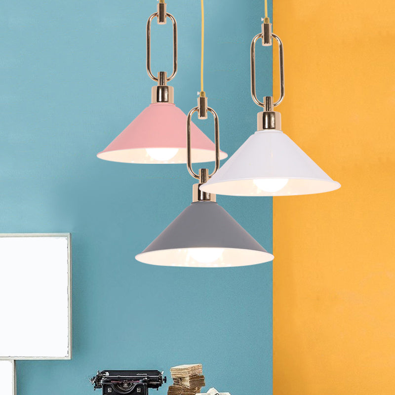 Rolled-Edge Cone Pendant Lamp Macaron Metal 1 Bulb Pink/Grey/White Hanging Ceiling Light with Buckle Top Clearhalo 'Ceiling Lights' 'Pendant Lights' 'Pendants' Lighting' 1911560