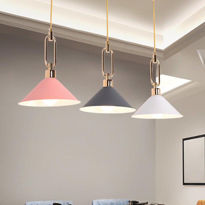 Rolled-Edge Cone Pendant Lamp Macaron Metal 1 Bulb Pink/Grey/White Hanging Ceiling Light with Buckle Top Clearhalo 'Ceiling Lights' 'Pendant Lights' 'Pendants' Lighting' 1911561