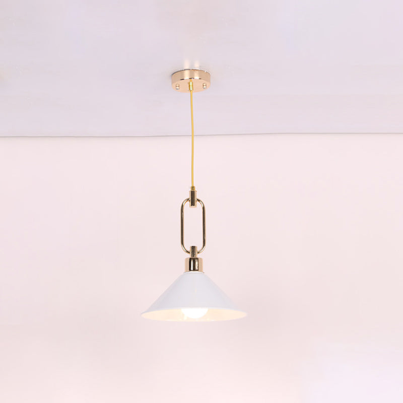 Rolled-Edge Cone Pendant Lamp Macaron Metal 1 Bulb Pink/Grey/White Hanging Ceiling Light with Buckle Top Clearhalo 'Ceiling Lights' 'Pendant Lights' 'Pendants' Lighting' 1911562