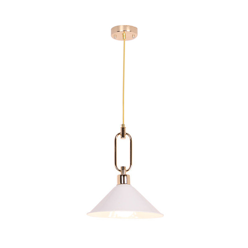 Rolled-Edge Cone Pendant Lamp Macaron Metal 1 Bulb Pink/Grey/White Hanging Ceiling Light with Buckle Top Clearhalo 'Ceiling Lights' 'Pendant Lights' 'Pendants' Lighting' 1911563