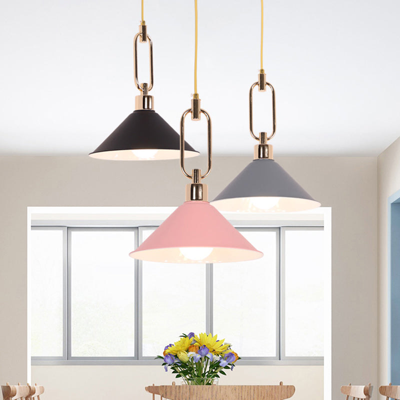 Rolled-Edge Cone Pendant Lamp Macaron Metal 1 Bulb Pink/Grey/White Hanging Ceiling Light with Buckle Top Clearhalo 'Ceiling Lights' 'Pendant Lights' 'Pendants' Lighting' 1911564