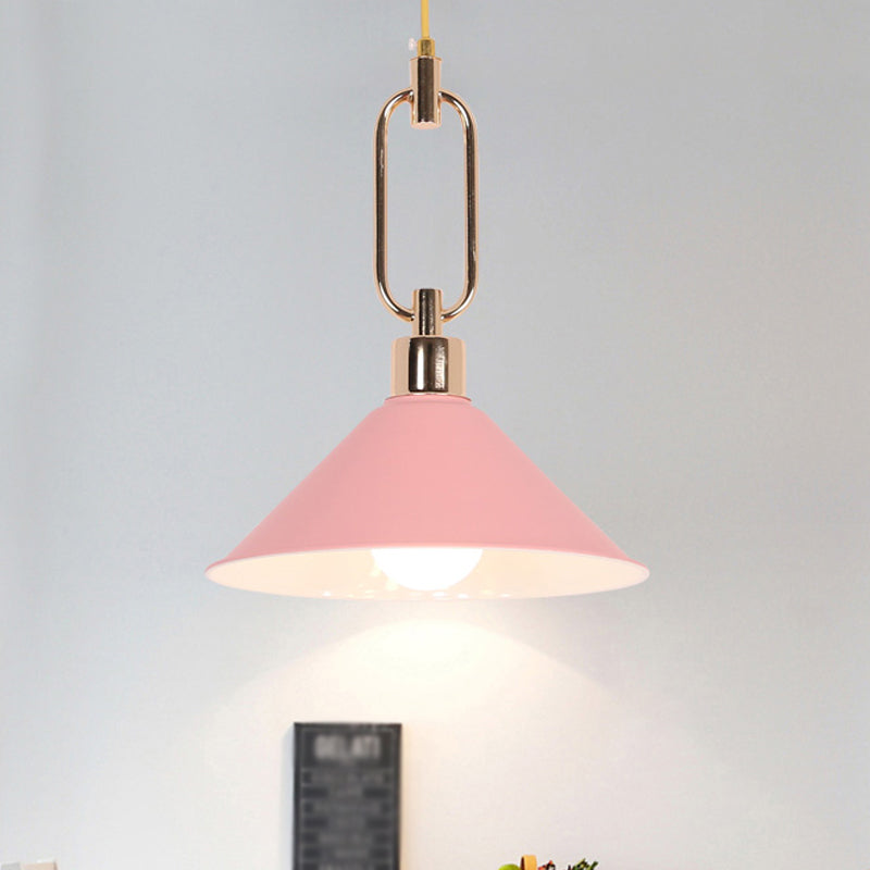 Rolled-Edge Cone Pendant Lamp Macaron Metal 1 Bulb Pink/Grey/White Hanging Ceiling Light with Buckle Top Clearhalo 'Ceiling Lights' 'Pendant Lights' 'Pendants' Lighting' 1911565