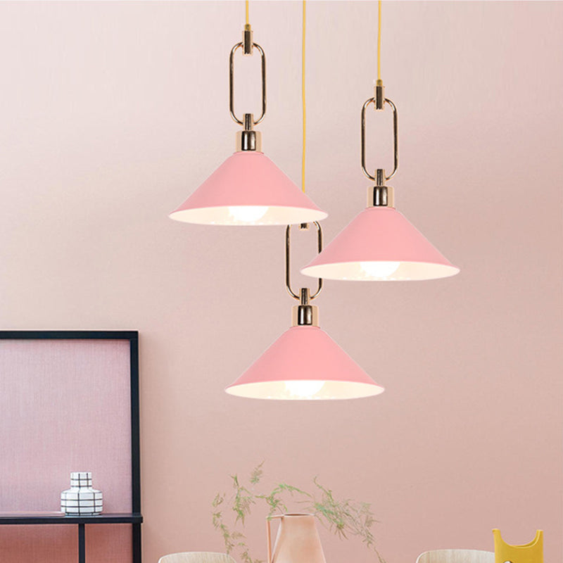 Rolled-Edge Cone Pendant Lamp Macaron Metal 1 Bulb Pink/Grey/White Hanging Ceiling Light with Buckle Top Clearhalo 'Ceiling Lights' 'Pendant Lights' 'Pendants' Lighting' 1911566