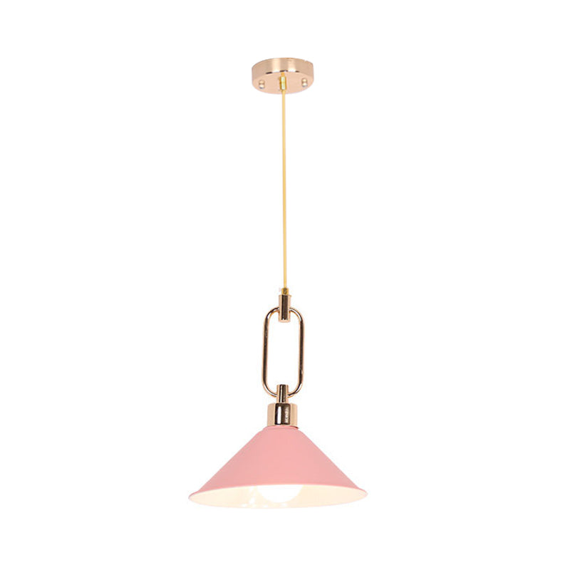 Rolled-Edge Cone Pendant Lamp Macaron Metal 1 Bulb Pink/Grey/White Hanging Ceiling Light with Buckle Top Clearhalo 'Ceiling Lights' 'Pendant Lights' 'Pendants' Lighting' 1911567