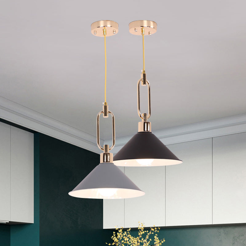 Rolled-Edge Cone Pendant Lamp Macaron Metal 1 Bulb Pink/Grey/White Hanging Ceiling Light with Buckle Top Clearhalo 'Ceiling Lights' 'Pendant Lights' 'Pendants' Lighting' 1911568