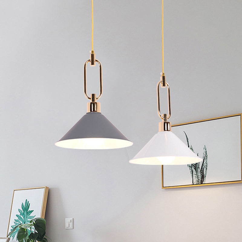 Rolled-Edge Cone Pendant Lamp Macaron Metal 1 Bulb Pink/Grey/White Hanging Ceiling Light with Buckle Top Clearhalo 'Ceiling Lights' 'Pendant Lights' 'Pendants' Lighting' 1911569