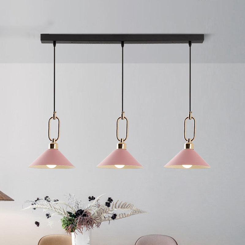 Black/Pink/Blue Cone Hanging Light Macaron 1/3-Light Metal Buckle Pendant Ceiling Lamp over Dining Table Clearhalo 'Ceiling Lights' 'Pendant Lights' 'Pendants' Lighting' 1911575