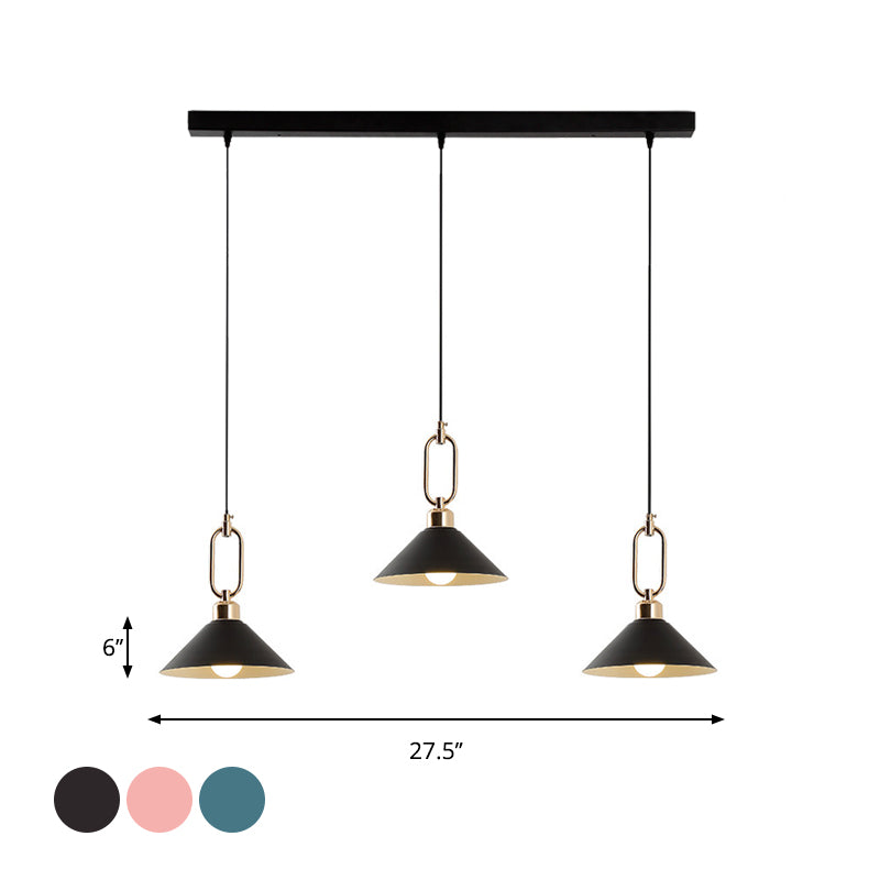 Black/Pink/Blue Cone Hanging Light Macaron 1/3-Light Metal Buckle Pendant Ceiling Lamp over Dining Table Clearhalo 'Ceiling Lights' 'Pendant Lights' 'Pendants' Lighting' 1911576