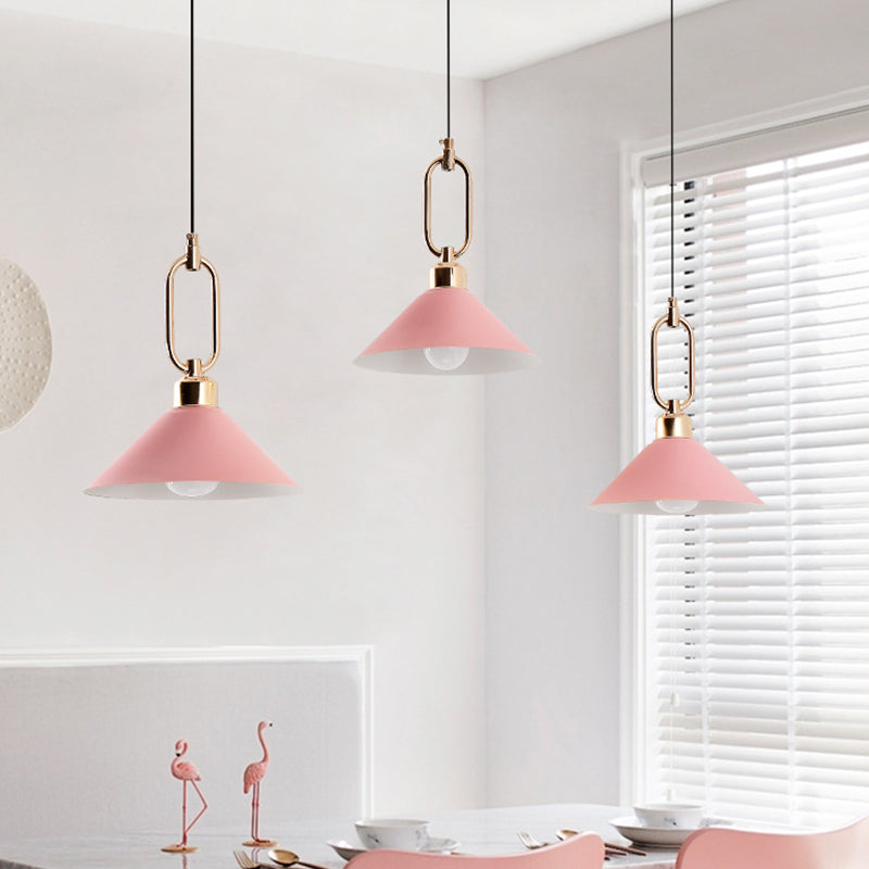 Black/Pink/Blue Cone Hanging Light Macaron 1/3-Light Metal Buckle Pendant Ceiling Lamp over Dining Table Clearhalo 'Ceiling Lights' 'Pendant Lights' 'Pendants' Lighting' 1911578