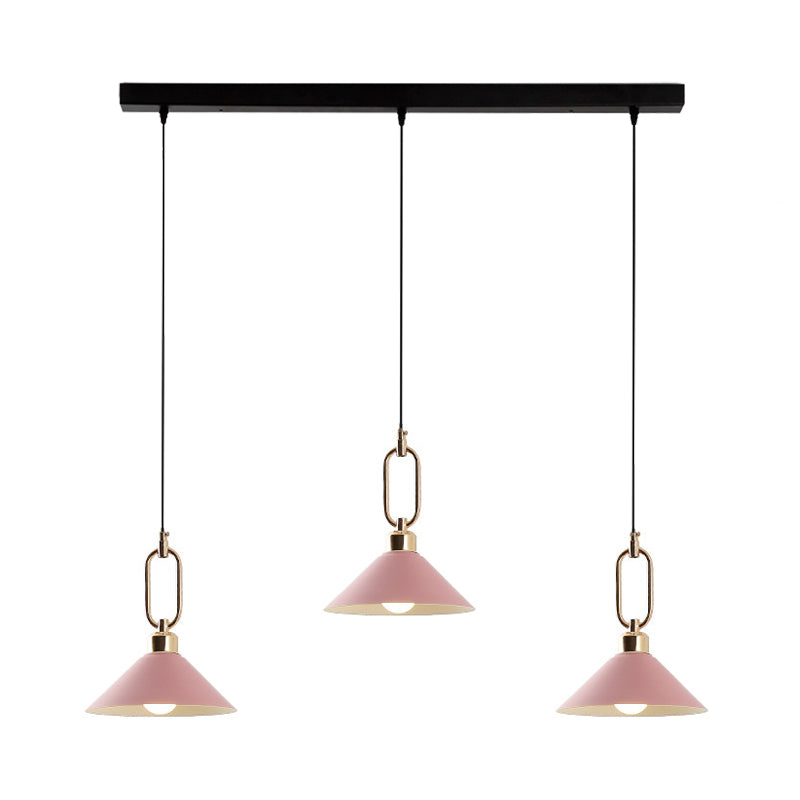 Black/Pink/Blue Cone Hanging Light Macaron 1/3-Light Metal Buckle Pendant Ceiling Lamp over Dining Table Clearhalo 'Ceiling Lights' 'Pendant Lights' 'Pendants' Lighting' 1911579