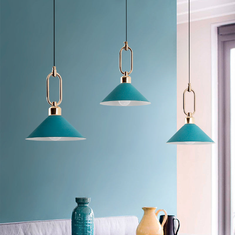 Black/Pink/Blue Cone Hanging Light Macaron 1/3-Light Metal Buckle Pendant Ceiling Lamp over Dining Table Clearhalo 'Ceiling Lights' 'Pendant Lights' 'Pendants' Lighting' 1911580