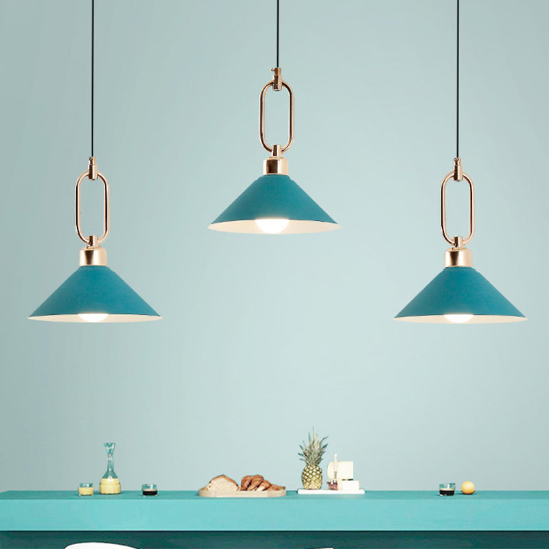 Black/Pink/Blue Cone Hanging Light Macaron 1/3-Light Metal Buckle Pendant Ceiling Lamp over Dining Table Clearhalo 'Ceiling Lights' 'Pendant Lights' 'Pendants' Lighting' 1911581