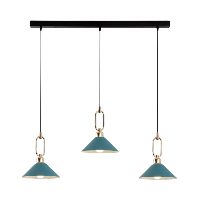 Black/Pink/Blue Cone Hanging Light Macaron 1/3-Light Metal Buckle Pendant Ceiling Lamp over Dining Table Clearhalo 'Ceiling Lights' 'Pendant Lights' 'Pendants' Lighting' 1911582