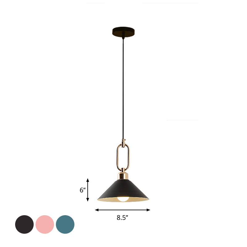 Black/Pink/Blue Cone Hanging Light Macaron 1/3-Light Metal Buckle Pendant Ceiling Lamp over Dining Table Clearhalo 'Ceiling Lights' 'Pendant Lights' 'Pendants' Lighting' 1911584