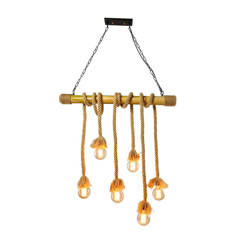 Bare Bulb Design Bamboo Hanging Lamp Rustic 3/6-Head Dining Room Island Light with Rope Cord in Brown Clearhalo 'Ceiling Lights' 'Island Lights' Lighting' 1911596