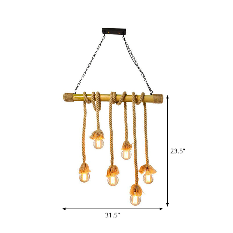 Bare Bulb Design Bamboo Hanging Lamp Rustic 3/6-Head Dining Room Island Light with Rope Cord in Brown Clearhalo 'Ceiling Lights' 'Island Lights' Lighting' 1911597