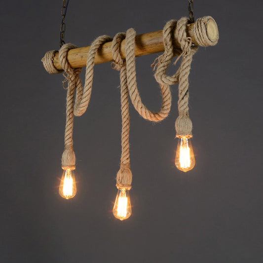Bare Bulb Design Bamboo Hanging Lamp Rustic 3/6-Head Dining Room Island Light with Rope Cord in Brown Clearhalo 'Ceiling Lights' 'Island Lights' Lighting' 1911601