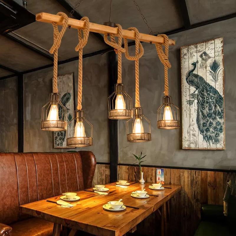 Linear Restaurant Hanging Island Light Cottage Wood 3/5-Light Brown Roped Pendant Lamp with Cage Clearhalo 'Ceiling Lights' 'Island Lights' Lighting' 1911609