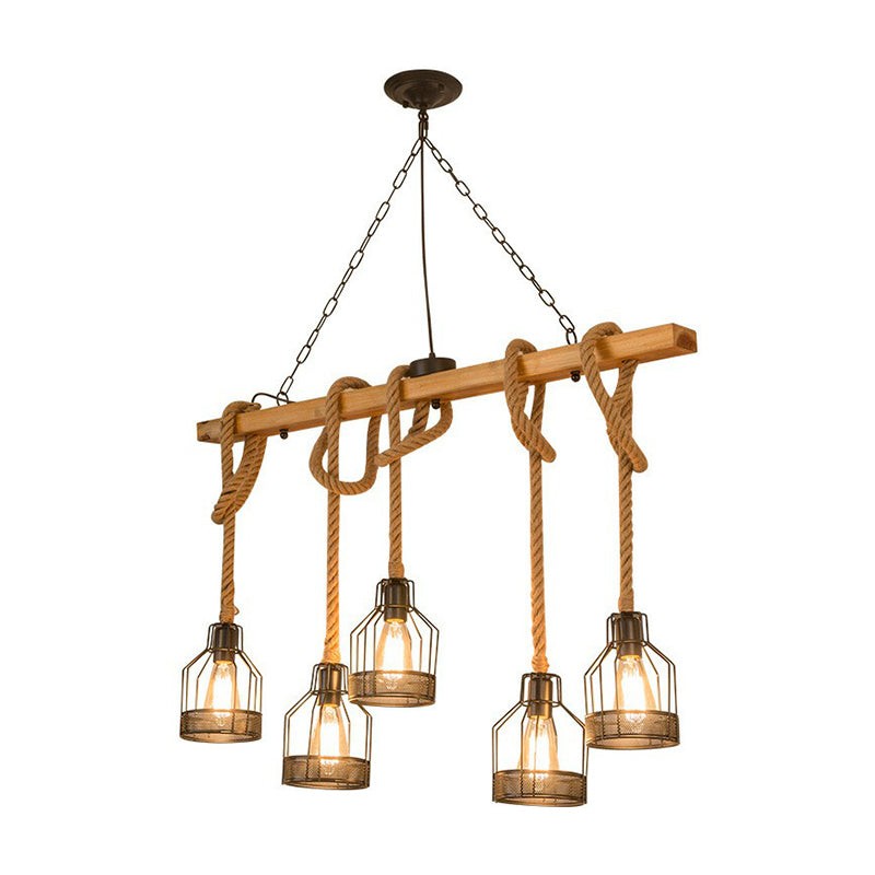 Linear Restaurant Hanging Island Light Cottage Wood 3/5-Light Brown Roped Pendant Lamp with Cage Clearhalo 'Ceiling Lights' 'Island Lights' Lighting' 1911611