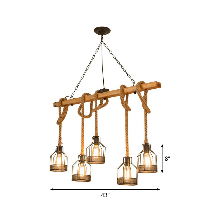 Linear Restaurant Hanging Island Light Cottage Wood 3/5-Light Brown Roped Pendant Lamp with Cage Clearhalo 'Ceiling Lights' 'Island Lights' Lighting' 1911612