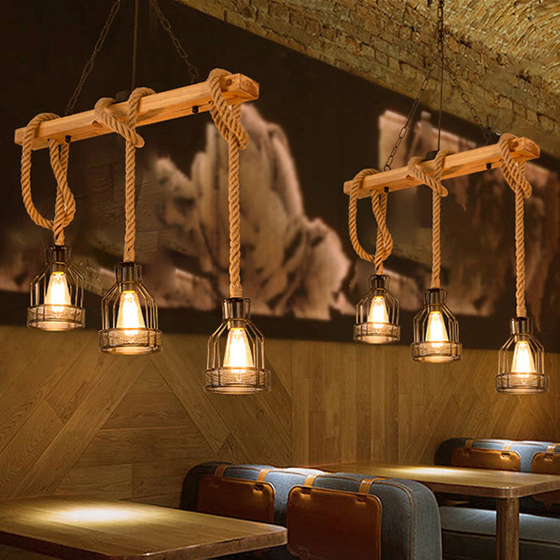 Linear Restaurant Hanging Island Light Cottage Wood 3/5-Light Brown Roped Pendant Lamp with Cage 3 Brown Clearhalo 'Ceiling Lights' 'Island Lights' Lighting' 1911613