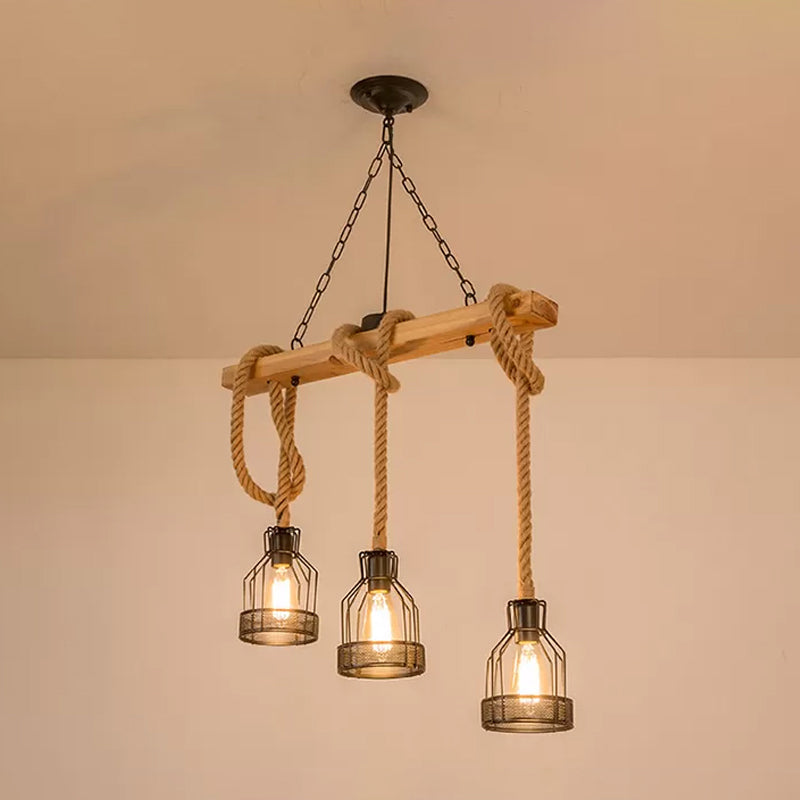 Linear Restaurant Hanging Island Light Cottage Wood 3/5-Light Brown Roped Pendant Lamp with Cage Clearhalo 'Ceiling Lights' 'Island Lights' Lighting' 1911615