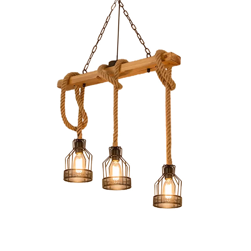 Linear Restaurant Hanging Island Light Cottage Wood 3/5-Light Brown Roped Pendant Lamp with Cage Clearhalo 'Ceiling Lights' 'Island Lights' Lighting' 1911616