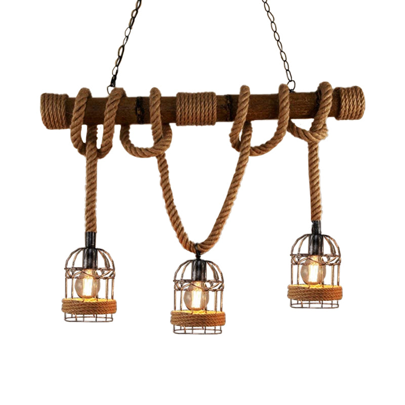 3 Bulbs Bird Cage Island Lighting Farmhouse Brown Iron Hanging Pendant with Rope and Wood Pole Clearhalo 'Ceiling Lights' 'Island Lights' Lighting' 1911621