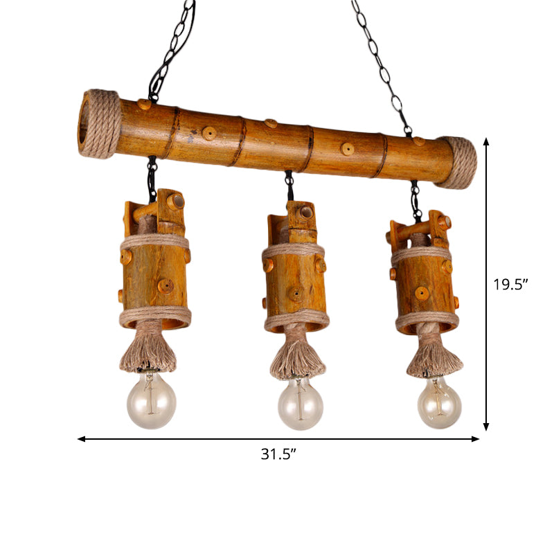 Countryside Chinese Bucket Pendant Lamp 3-Bulb Bamboo Island Light Fixture with Rope Accent in Brown Clearhalo 'Ceiling Lights' 'Island Lights' Lighting' 1911627
