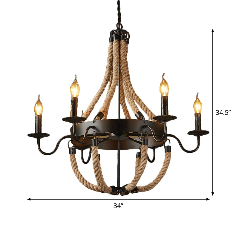 Brown 6/8 Bulbs Hanging Chandelier Countryside Hemp Rope Basket Pendant Lighting with Candle Design Clearhalo 'Ceiling Lights' 'Chandeliers' 'Industrial Chandeliers' 'Industrial' 'Middle Century Chandeliers' 'Tiffany' Lighting' 1911667