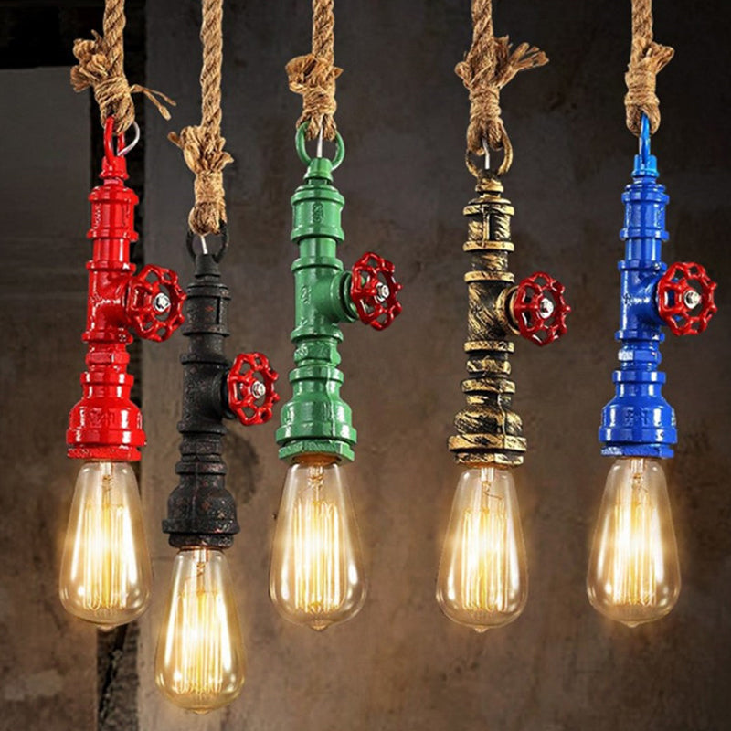 Steampunk Caged Down Lighting Pendant 1 Head Iron Hanging Ceiling Light with Rope Cord and Water Pipe Design in Blue/Rust/Bronze Blue Clearhalo 'Ceiling Lights' 'Industrial Pendants' 'Industrial' 'Middle Century Pendants' 'Pendant Lights' 'Pendants' 'Tiffany' Lighting' 1911691
