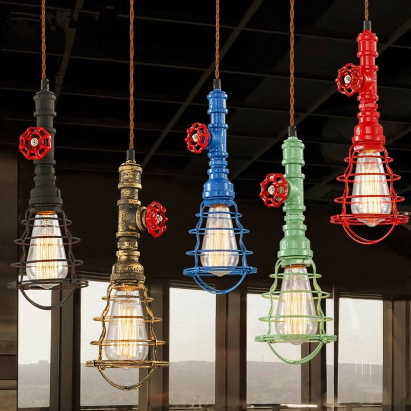 Steampunk Caged Down Lighting Pendant 1 Head Iron Hanging Ceiling Light with Rope Cord and Water Pipe Design in Blue/Rust/Bronze Clearhalo 'Ceiling Lights' 'Industrial Pendants' 'Industrial' 'Middle Century Pendants' 'Pendant Lights' 'Pendants' 'Tiffany' Lighting' 1911692