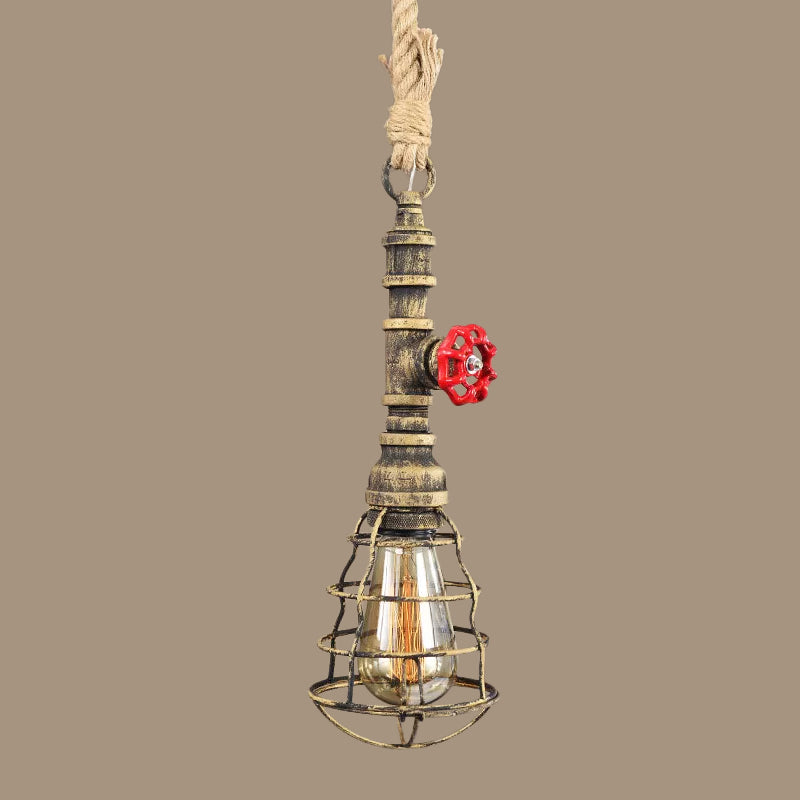 Steampunk Caged Down Lighting Pendant 1 Head Iron Hanging Ceiling Light with Rope Cord and Water Pipe Design in Blue/Rust/Bronze Clearhalo 'Ceiling Lights' 'Industrial Pendants' 'Industrial' 'Middle Century Pendants' 'Pendant Lights' 'Pendants' 'Tiffany' Lighting' 1911697
