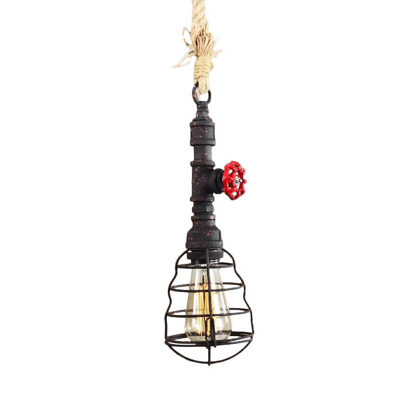 Steampunk Caged Down Lighting Pendant 1 Head Iron Hanging Ceiling Light with Rope Cord and Water Pipe Design in Blue/Rust/Bronze Rust Clearhalo 'Ceiling Lights' 'Industrial Pendants' 'Industrial' 'Middle Century Pendants' 'Pendant Lights' 'Pendants' 'Tiffany' Lighting' 1911698