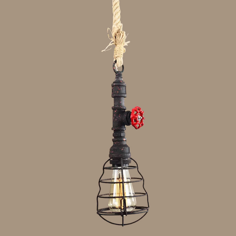 Steampunk Caged Down Lighting Pendant 1 Head Iron Hanging Ceiling Light with Rope Cord and Water Pipe Design in Blue/Rust/Bronze Clearhalo 'Ceiling Lights' 'Industrial Pendants' 'Industrial' 'Middle Century Pendants' 'Pendant Lights' 'Pendants' 'Tiffany' Lighting' 1911699