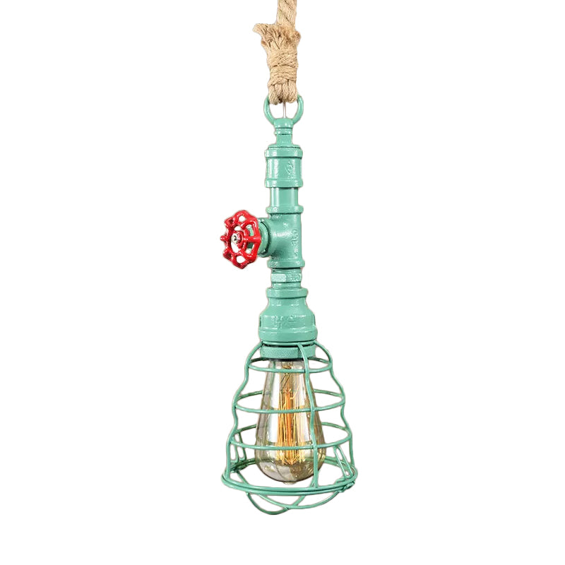 Steampunk Caged Down Lighting Pendant 1 Head Iron Hanging Ceiling Light with Rope Cord and Water Pipe Design in Blue/Rust/Bronze Green Clearhalo 'Ceiling Lights' 'Industrial Pendants' 'Industrial' 'Middle Century Pendants' 'Pendant Lights' 'Pendants' 'Tiffany' Lighting' 1911700