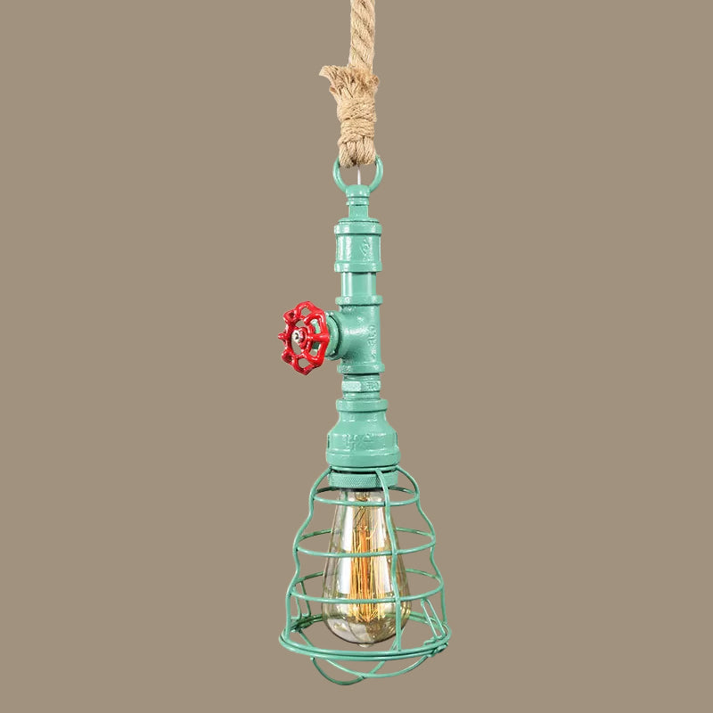 Steampunk Caged Down Lighting Pendant 1 Head Iron Hanging Ceiling Light with Rope Cord and Water Pipe Design in Blue/Rust/Bronze Clearhalo 'Ceiling Lights' 'Industrial Pendants' 'Industrial' 'Middle Century Pendants' 'Pendant Lights' 'Pendants' 'Tiffany' Lighting' 1911701