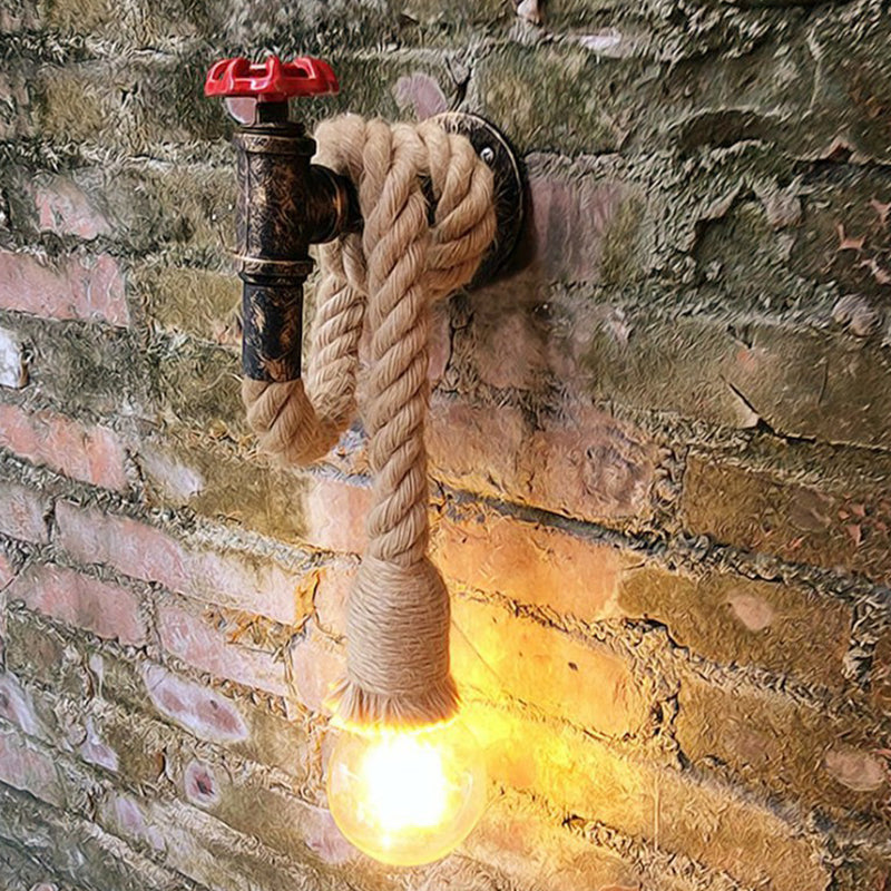 Industrial Faucet Wall Light Fixture 1-Light Hemp Rope Wall Mounted Lamp in Brown for Wine Bar Brown Clearhalo 'Industrial wall lights' 'Industrial' 'Middle century wall lights' 'Tiffany' 'Wall Lamps & Sconces' 'Wall Lights' Lighting' 1911702