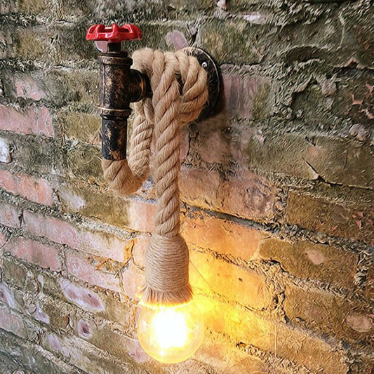 Industrial Faucet Wall Light Fixture 1-Light Hemp Rope Wall Mounted Lamp in Brown for Wine Bar Brown Clearhalo 'Industrial wall lights' 'Industrial' 'Middle century wall lights' 'Tiffany' 'Wall Lamps & Sconces' 'Wall Lights' Lighting' 1911702