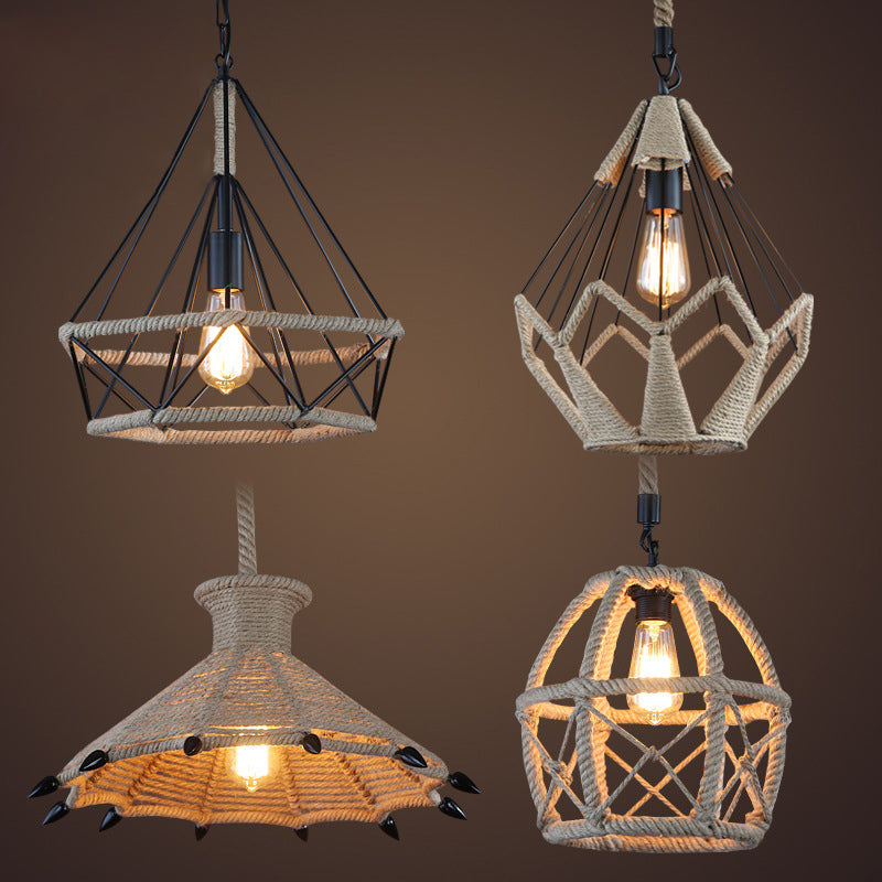 Rural Flared/Birdcage/Basket Pendant Lamp Single-Bulb Natural Rope Hanging Light Fixture in Black and Brown Clearhalo 'Ceiling Lights' 'Industrial Pendants' 'Industrial' 'Middle Century Pendants' 'Pendant Lights' 'Pendants' 'Tiffany' Lighting' 1911707