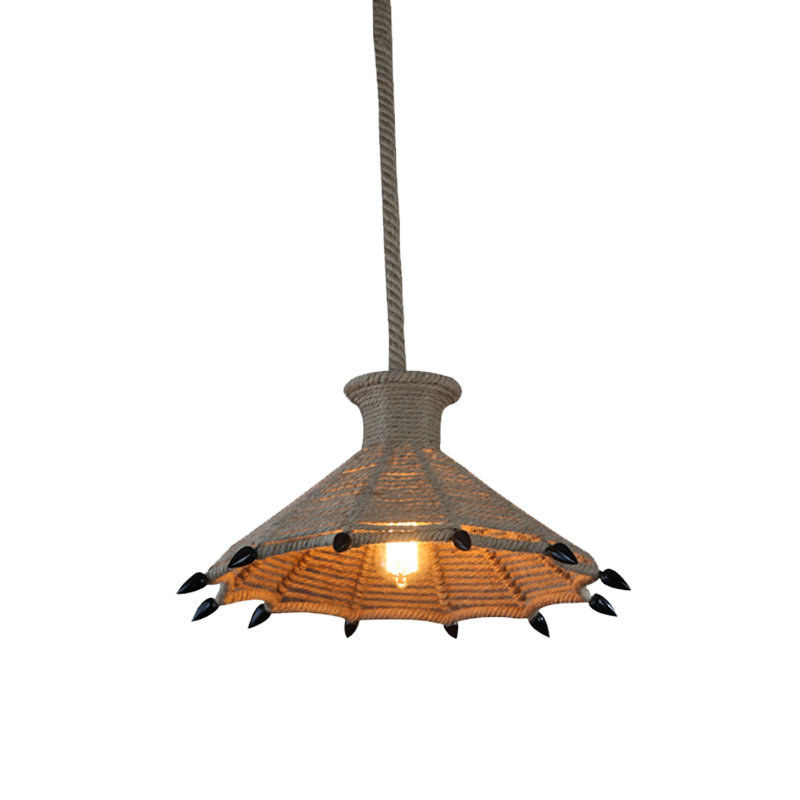 Rural Flared/Birdcage/Basket Pendant Lamp Single-Bulb Natural Rope Hanging Light Fixture in Black and Brown Clearhalo 'Ceiling Lights' 'Industrial Pendants' 'Industrial' 'Middle Century Pendants' 'Pendant Lights' 'Pendants' 'Tiffany' Lighting' 1911709